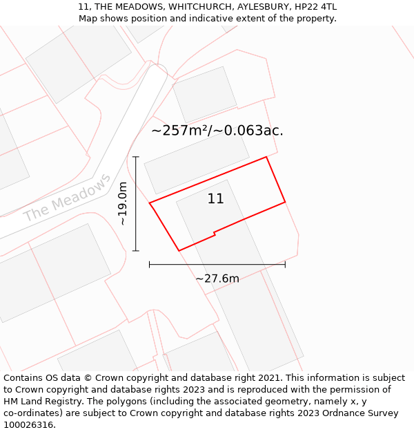 11, THE MEADOWS, WHITCHURCH, AYLESBURY, HP22 4TL: Plot and title map
