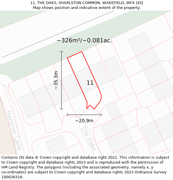 11, THE OAKS, SHARLSTON COMMON, WAKEFIELD, WF4 1EQ: Plot and title map