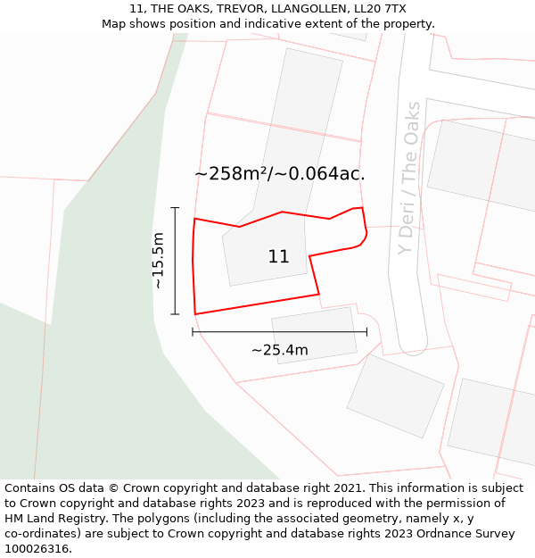 11, THE OAKS, TREVOR, LLANGOLLEN, LL20 7TX: Plot and title map