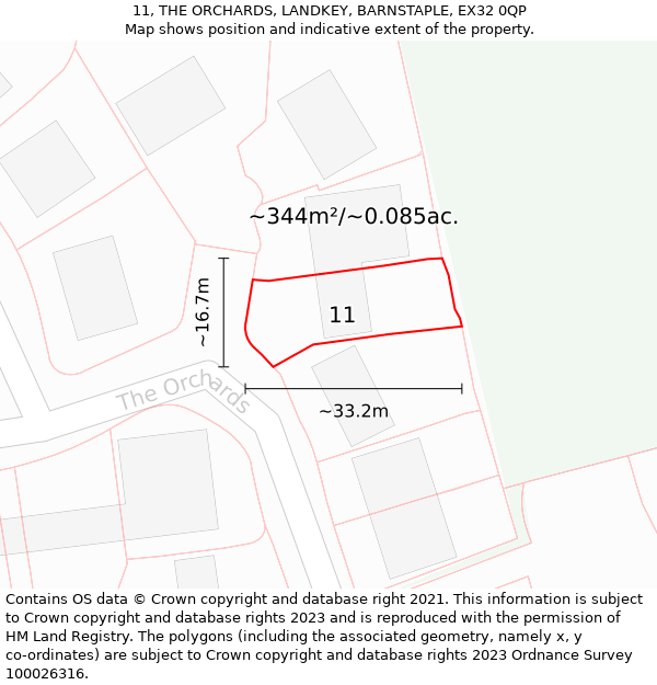 11, THE ORCHARDS, LANDKEY, BARNSTAPLE, EX32 0QP: Plot and title map