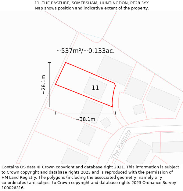 11, THE PASTURE, SOMERSHAM, HUNTINGDON, PE28 3YX: Plot and title map