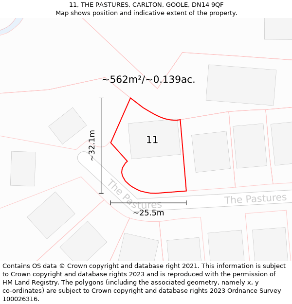 11, THE PASTURES, CARLTON, GOOLE, DN14 9QF: Plot and title map