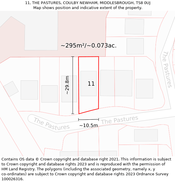 11, THE PASTURES, COULBY NEWHAM, MIDDLESBROUGH, TS8 0UJ: Plot and title map