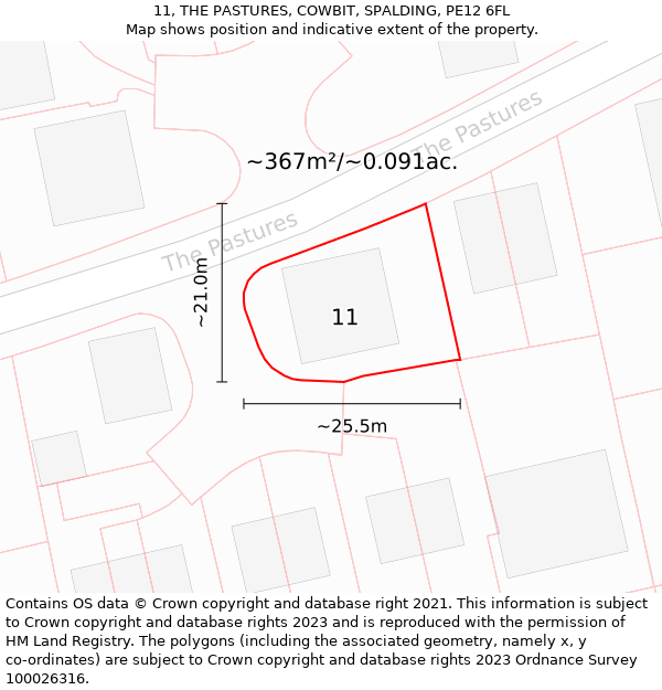 11, THE PASTURES, COWBIT, SPALDING, PE12 6FL: Plot and title map