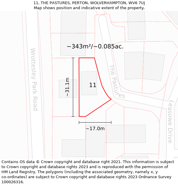 11, THE PASTURES, PERTON, WOLVERHAMPTON, WV6 7UJ: Plot and title map