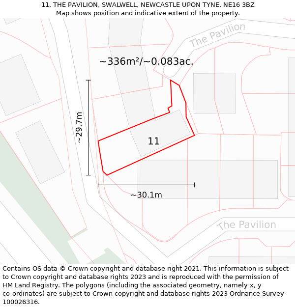 11, THE PAVILION, SWALWELL, NEWCASTLE UPON TYNE, NE16 3BZ: Plot and title map