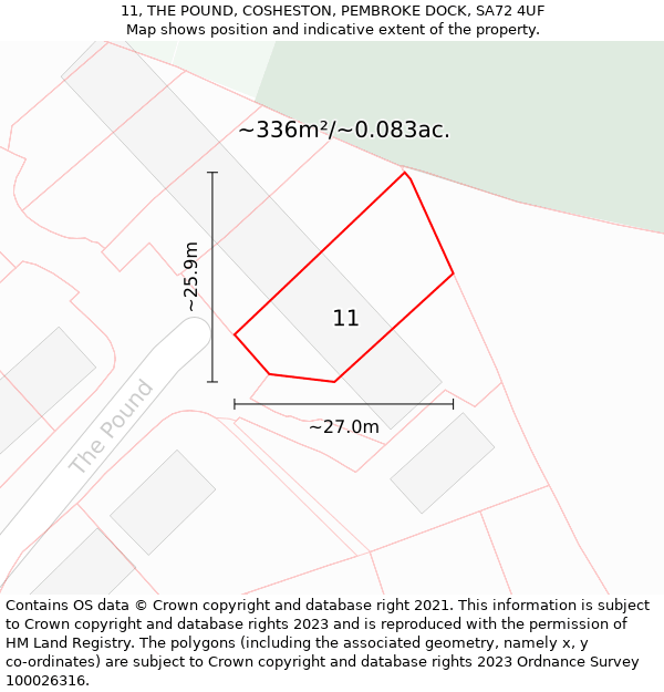 11, THE POUND, COSHESTON, PEMBROKE DOCK, SA72 4UF: Plot and title map