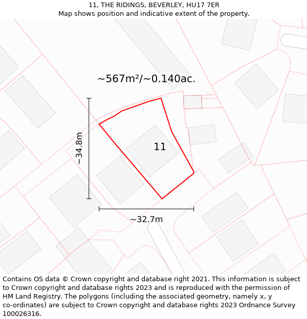 11, THE RIDINGS, BEVERLEY, HU17 7ER: Plot and title map