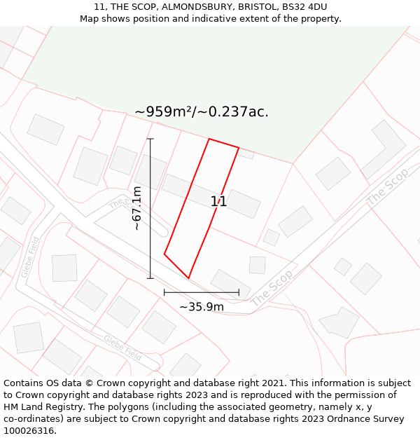 11, THE SCOP, ALMONDSBURY, BRISTOL, BS32 4DU: Plot and title map