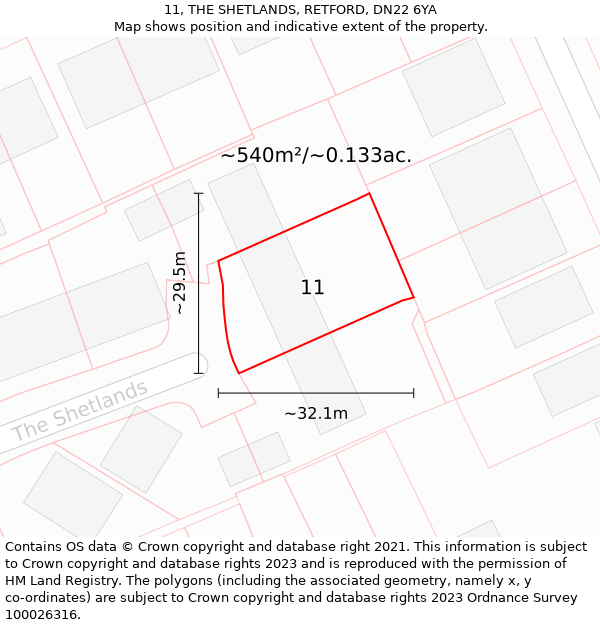 11, THE SHETLANDS, RETFORD, DN22 6YA: Plot and title map