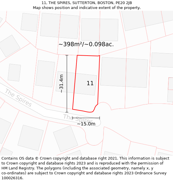 11, THE SPIRES, SUTTERTON, BOSTON, PE20 2JB: Plot and title map