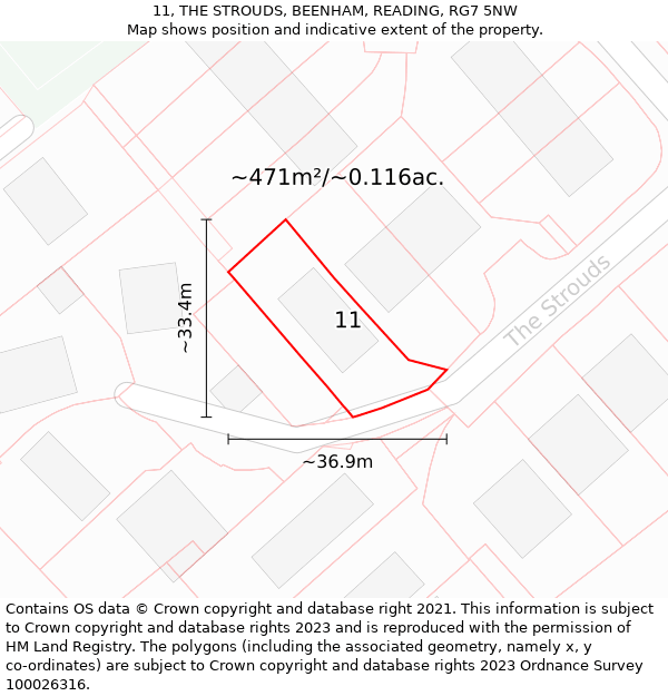 11, THE STROUDS, BEENHAM, READING, RG7 5NW: Plot and title map