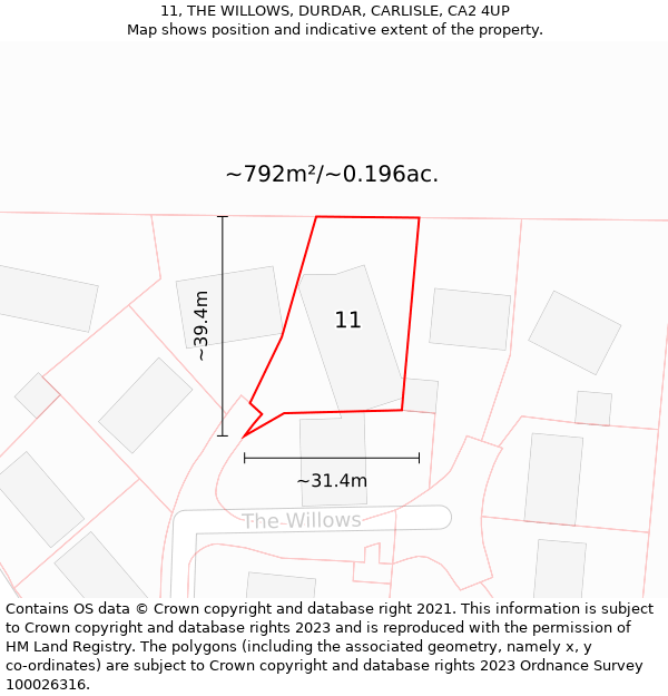 11, THE WILLOWS, DURDAR, CARLISLE, CA2 4UP: Plot and title map