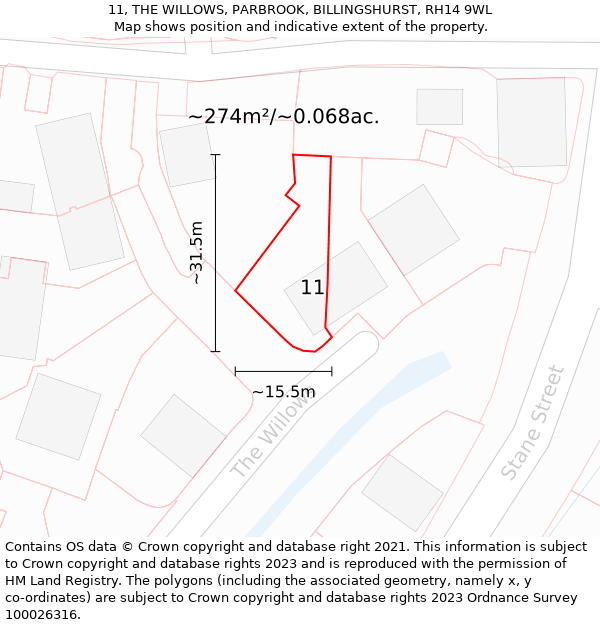 11, THE WILLOWS, PARBROOK, BILLINGSHURST, RH14 9WL: Plot and title map