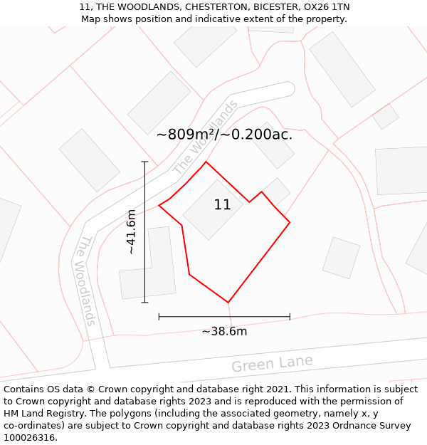 11, THE WOODLANDS, CHESTERTON, BICESTER, OX26 1TN: Plot and title map