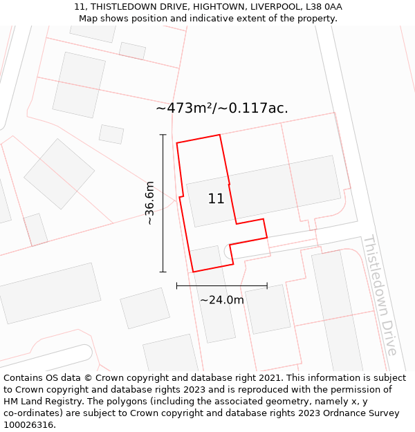 11, THISTLEDOWN DRIVE, HIGHTOWN, LIVERPOOL, L38 0AA: Plot and title map