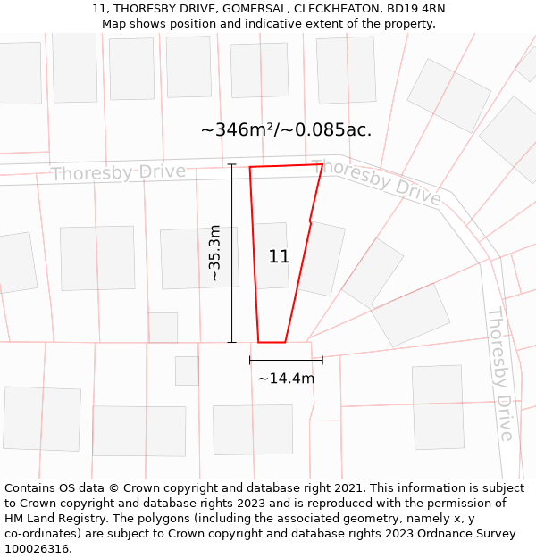 11, THORESBY DRIVE, GOMERSAL, CLECKHEATON, BD19 4RN: Plot and title map