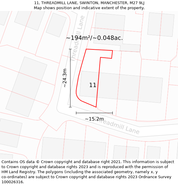 11, THREADMILL LANE, SWINTON, MANCHESTER, M27 9LJ: Plot and title map