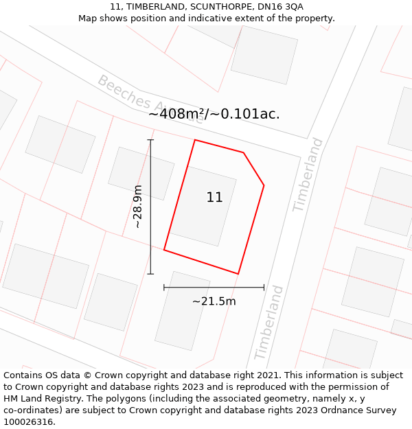 11, TIMBERLAND, SCUNTHORPE, DN16 3QA: Plot and title map