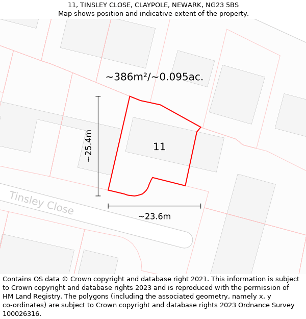 11, TINSLEY CLOSE, CLAYPOLE, NEWARK, NG23 5BS: Plot and title map