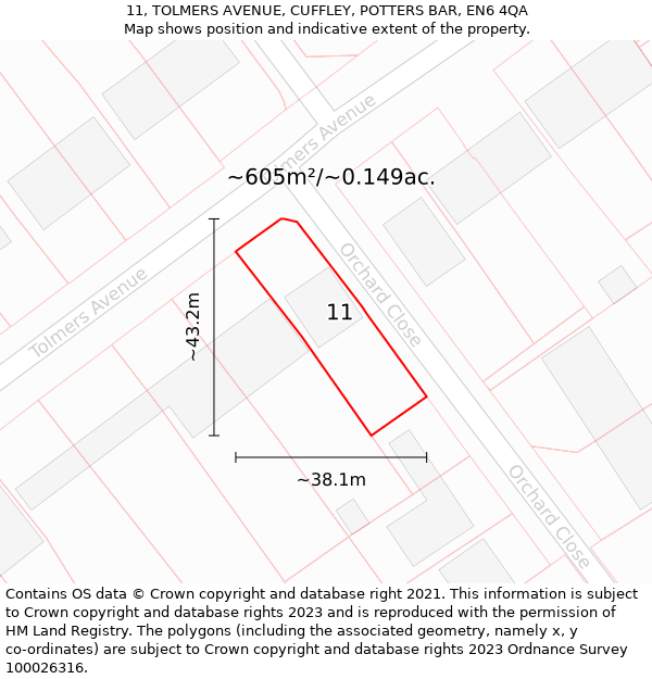 11, TOLMERS AVENUE, CUFFLEY, POTTERS BAR, EN6 4QA: Plot and title map