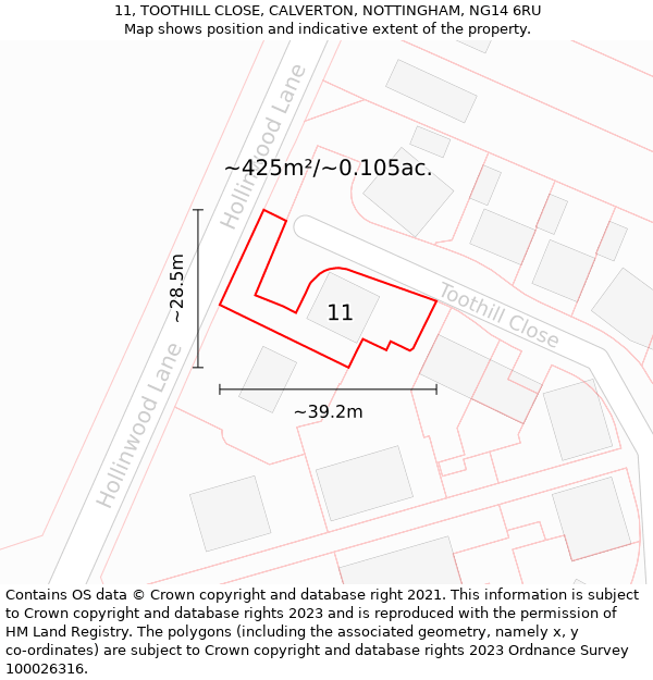 11, TOOTHILL CLOSE, CALVERTON, NOTTINGHAM, NG14 6RU: Plot and title map