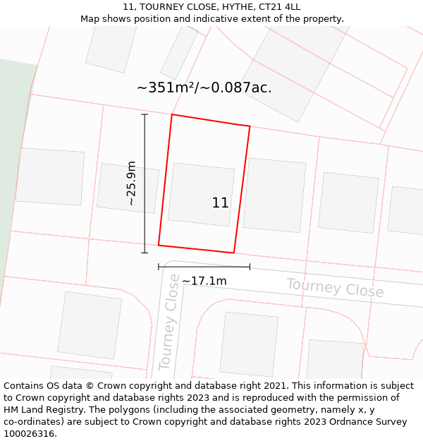 11, TOURNEY CLOSE, HYTHE, CT21 4LL: Plot and title map