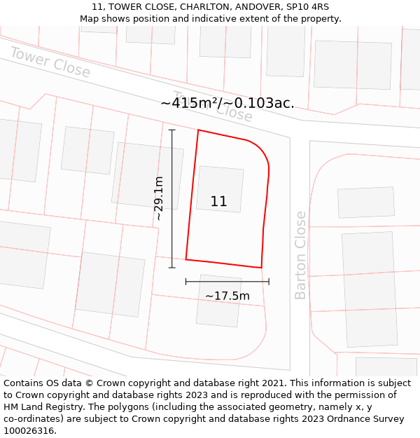 11, TOWER CLOSE, CHARLTON, ANDOVER, SP10 4RS: Plot and title map