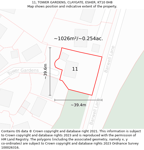 11, TOWER GARDENS, CLAYGATE, ESHER, KT10 0HB: Plot and title map