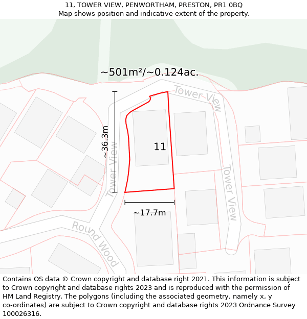 11, TOWER VIEW, PENWORTHAM, PRESTON, PR1 0BQ: Plot and title map