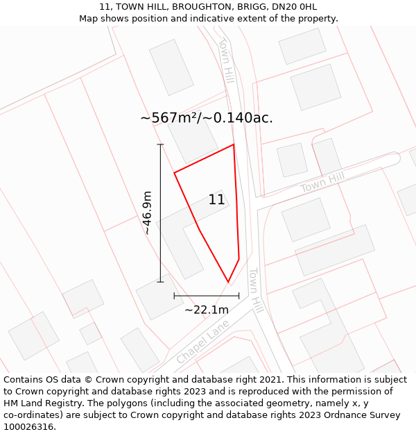 11, TOWN HILL, BROUGHTON, BRIGG, DN20 0HL: Plot and title map