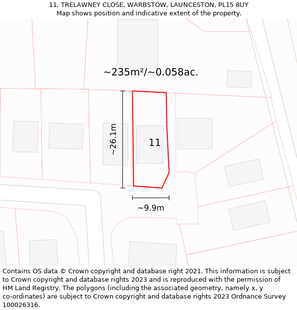 11, TRELAWNEY CLOSE, WARBSTOW, LAUNCESTON, PL15 8UY: Plot and title map