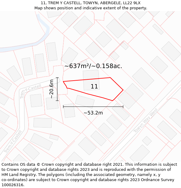 11, TREM Y CASTELL, TOWYN, ABERGELE, LL22 9LX: Plot and title map