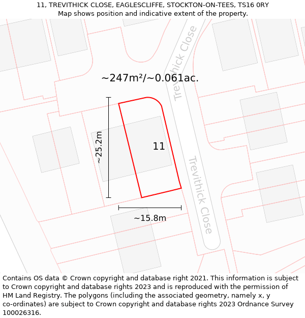 11, TREVITHICK CLOSE, EAGLESCLIFFE, STOCKTON-ON-TEES, TS16 0RY: Plot and title map