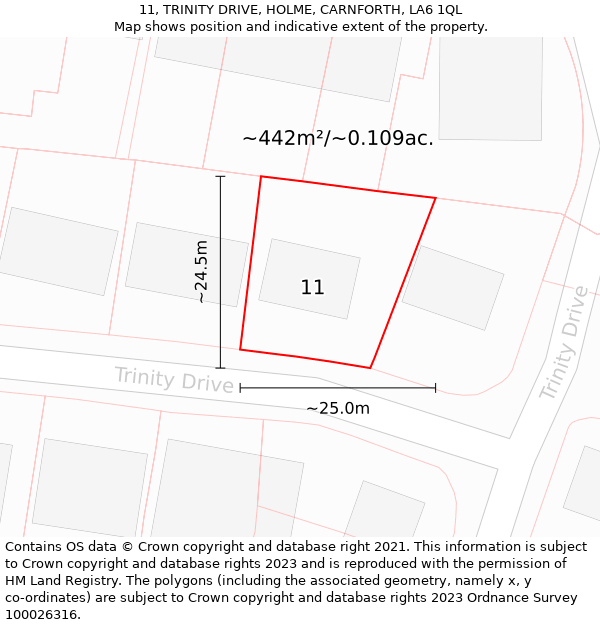 11, TRINITY DRIVE, HOLME, CARNFORTH, LA6 1QL: Plot and title map