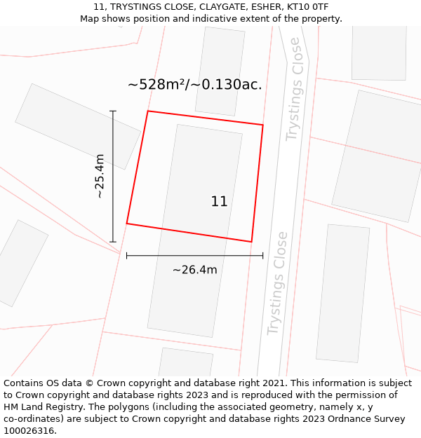 11, TRYSTINGS CLOSE, CLAYGATE, ESHER, KT10 0TF: Plot and title map