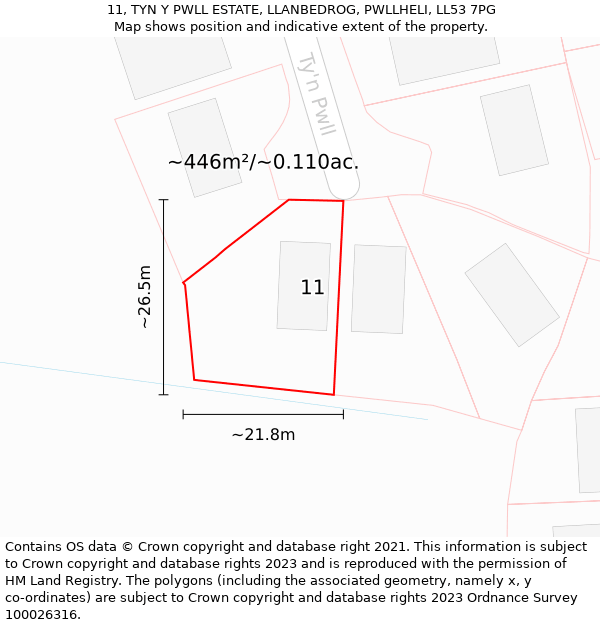 11, TYN Y PWLL ESTATE, LLANBEDROG, PWLLHELI, LL53 7PG: Plot and title map