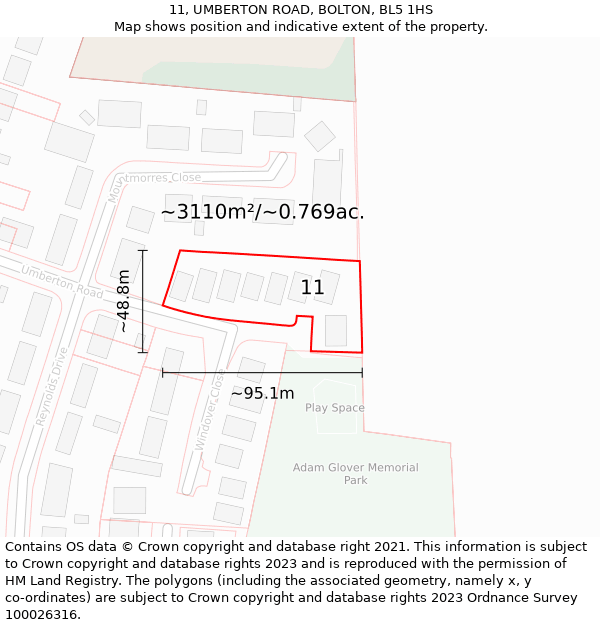 11, UMBERTON ROAD, BOLTON, BL5 1HS: Plot and title map