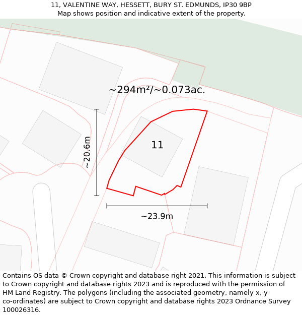 11, VALENTINE WAY, HESSETT, BURY ST. EDMUNDS, IP30 9BP: Plot and title map