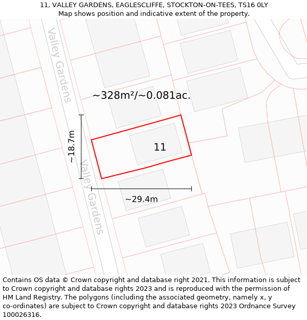 11, VALLEY GARDENS, EAGLESCLIFFE, STOCKTON-ON-TEES, TS16 0LY: Plot and title map