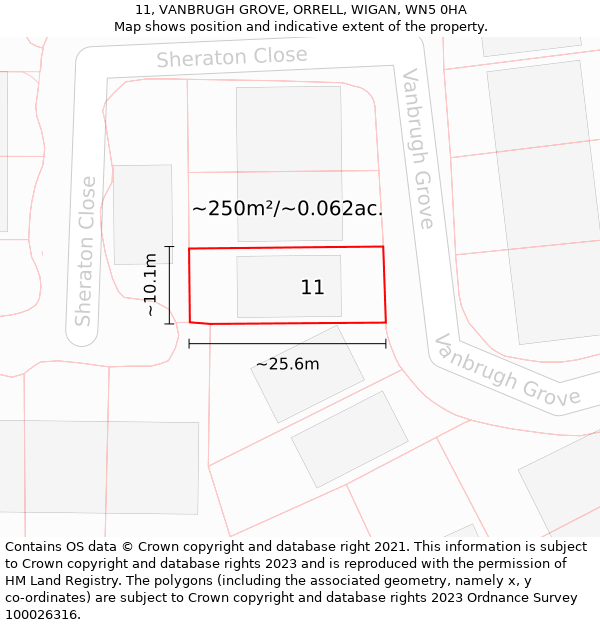 11, VANBRUGH GROVE, ORRELL, WIGAN, WN5 0HA: Plot and title map