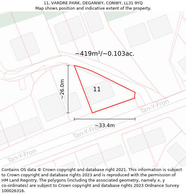 11, VARDRE PARK, DEGANWY, CONWY, LL31 9YQ: Plot and title map