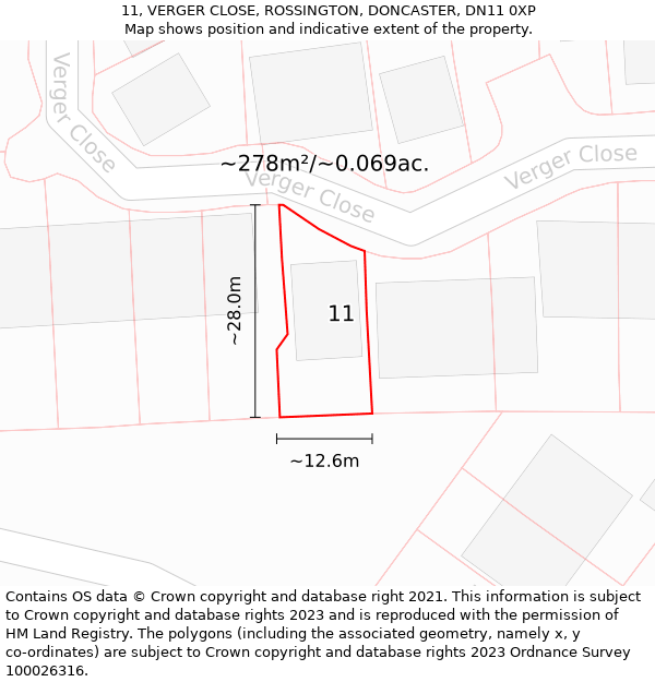 11, VERGER CLOSE, ROSSINGTON, DONCASTER, DN11 0XP: Plot and title map