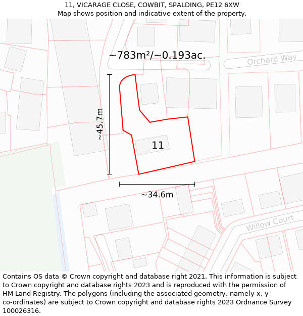 11, VICARAGE CLOSE, COWBIT, SPALDING, PE12 6XW: Plot and title map