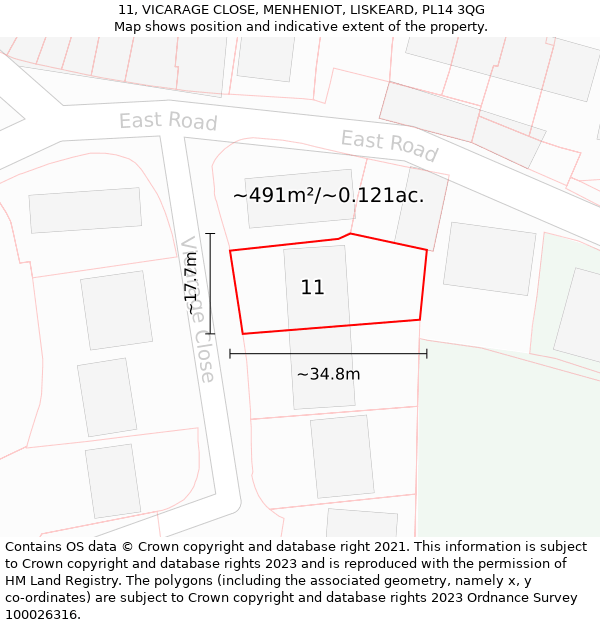 11, VICARAGE CLOSE, MENHENIOT, LISKEARD, PL14 3QG: Plot and title map