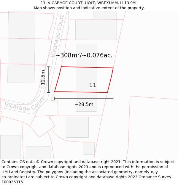 11, VICARAGE COURT, HOLT, WREXHAM, LL13 9AL: Plot and title map