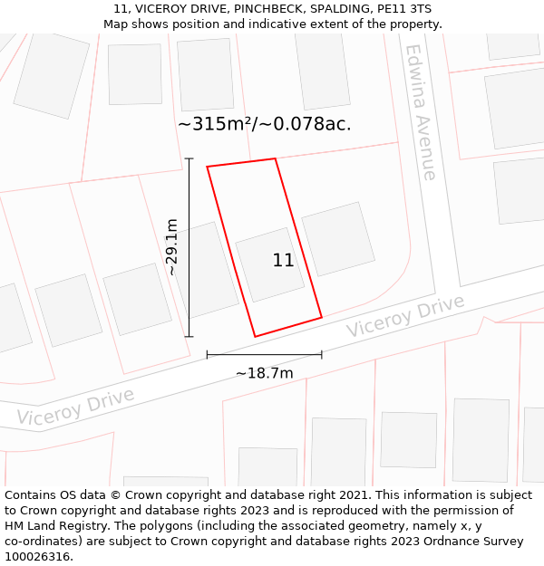 11, VICEROY DRIVE, PINCHBECK, SPALDING, PE11 3TS: Plot and title map