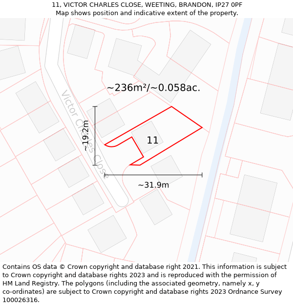 11, VICTOR CHARLES CLOSE, WEETING, BRANDON, IP27 0PF: Plot and title map