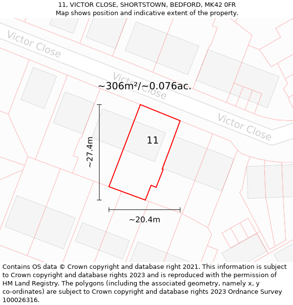 11, VICTOR CLOSE, SHORTSTOWN, BEDFORD, MK42 0FR: Plot and title map