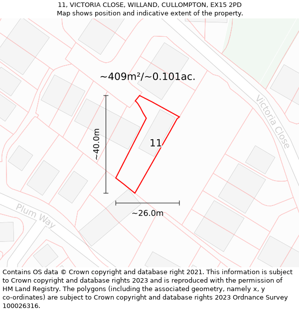 11, VICTORIA CLOSE, WILLAND, CULLOMPTON, EX15 2PD: Plot and title map